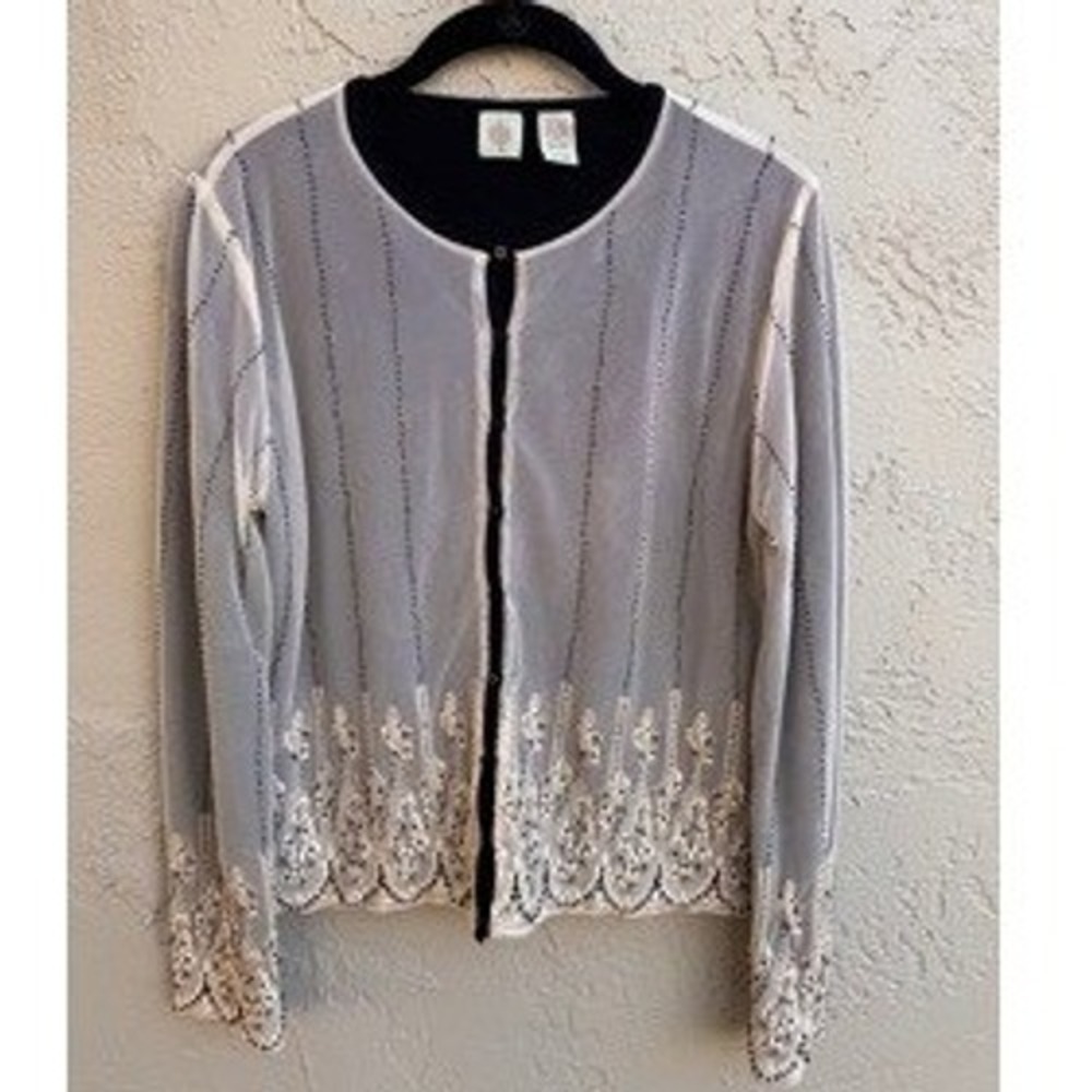 HWR Anthropologie Black Cream Beaded Sheer Lace Cardigan LARGE Dainty Regency